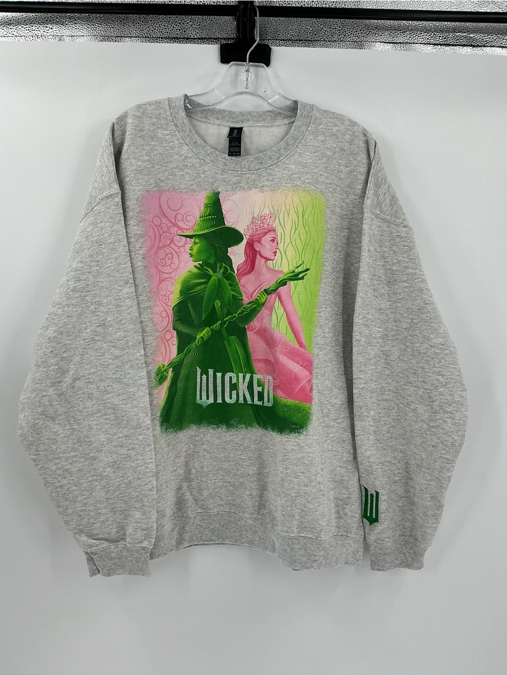 Gildan Grey Crewneck Sweatshirt with Green & Pink Wicked Graphic - Picture 7 of 10